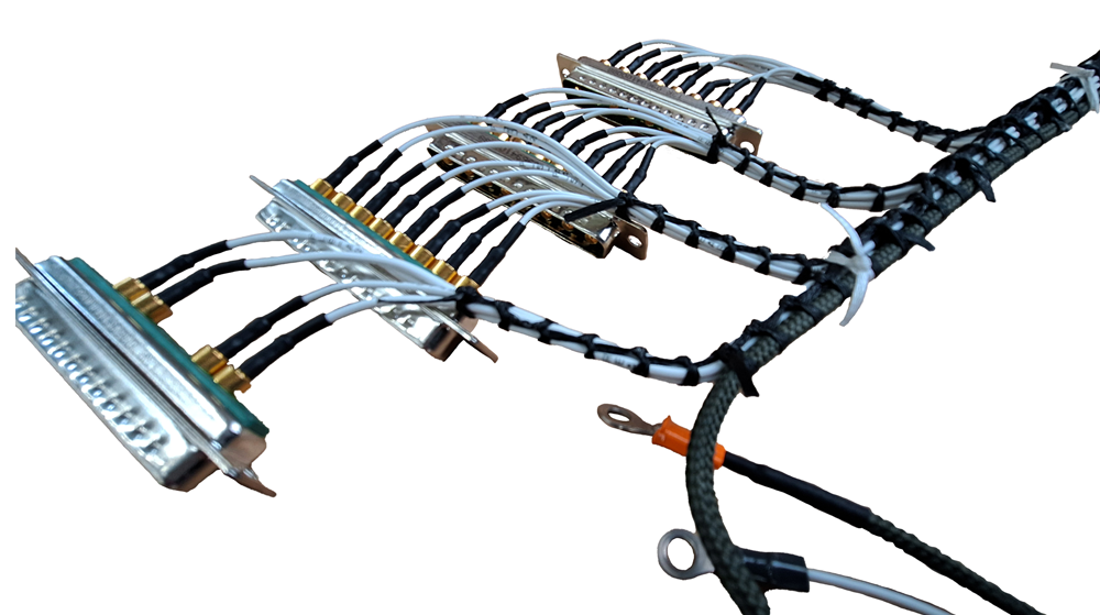 Open loom wiring harness with D-sub connectors and laced breakouts, built for lightweight aerospace applications