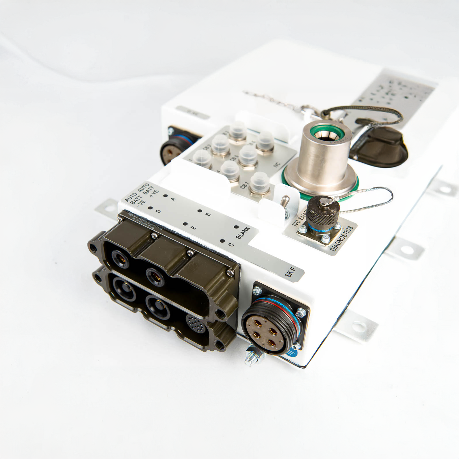 Interior of an electro-mechanical box build showing relays, terminal blocks and internal cable routing on the chassis plate